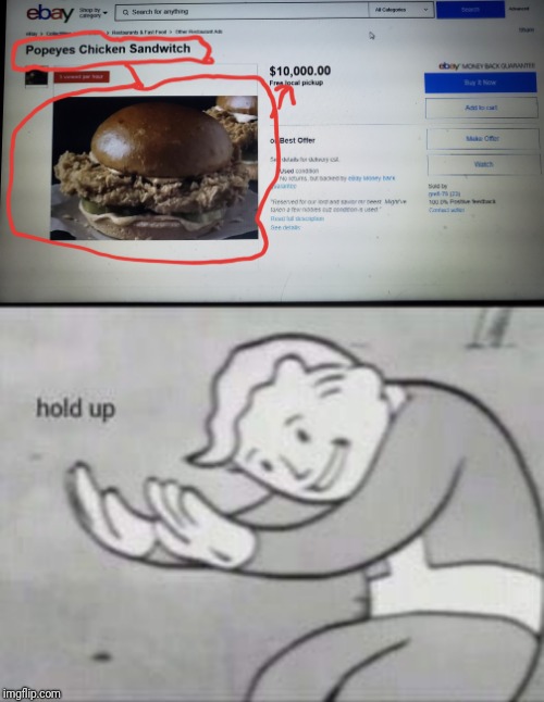 Some people think that popye's still dont have chicken sandwitch for public yet. | image tagged in fallout hold up,sandwich,ebay | made w/ Imgflip meme maker
