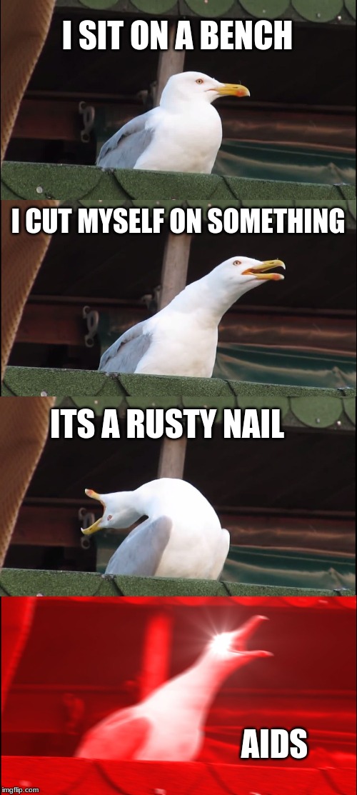 Inhaling Seagull Meme | I SIT ON A BENCH; I CUT MYSELF ON SOMETHING; ITS A RUSTY NAIL; AIDS | image tagged in memes,inhaling seagull | made w/ Imgflip meme maker