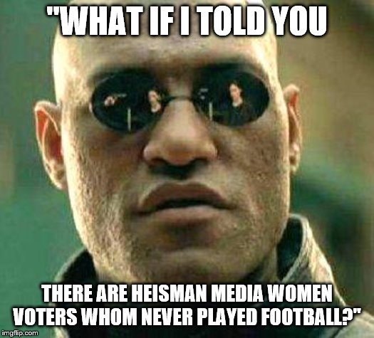 Baking awards should be given to people who've actually cooked and Heisman Football award should be judged by players who played | "WHAT IF I TOLD YOU; THERE ARE HEISMAN MEDIA WOMEN VOTERS WHOM NEVER PLAYED FOOTBALL?" | image tagged in what if i told you,college football,voting,awards | made w/ Imgflip meme maker