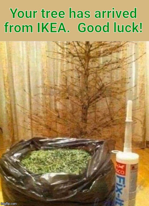 Let's hope there's no leftover pine needles once it's put together | Your tree has arrived from IKEA.  Good luck! | image tagged in christmas,ikea,funny memes,sfw | made w/ Imgflip meme maker