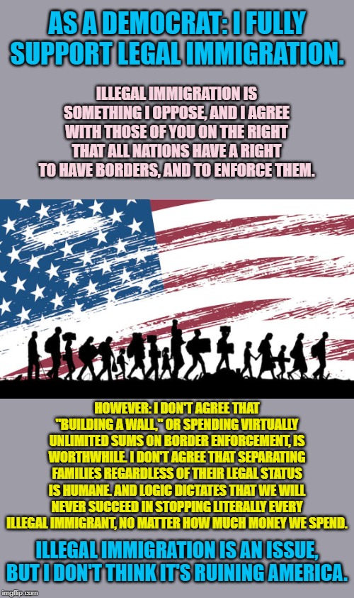 When it comes to immigration, we may disagree on tactics, but we agree on a lot in principle. | AS A DEMOCRAT: I FULLY SUPPORT LEGAL IMMIGRATION. ILLEGAL IMMIGRATION IS SOMETHING I OPPOSE, AND I AGREE WITH THOSE OF YOU ON THE RIGHT THAT ALL NATIONS HAVE A RIGHT TO HAVE BORDERS, AND TO ENFORCE THEM. HOWEVER: I DON'T AGREE THAT "BUILDING A WALL," OR SPENDING VIRTUALLY UNLIMITED SUMS ON BORDER ENFORCEMENT, IS WORTHWHILE. I DON'T AGREE THAT SEPARATING FAMILIES REGARDLESS OF THEIR LEGAL STATUS IS HUMANE. AND LOGIC DICTATES THAT WE WILL NEVER SUCCEED IN STOPPING LITERALLY EVERY ILLEGAL IMMIGRANT, NO MATTER HOW MUCH MONEY WE SPEND. ILLEGAL IMMIGRATION IS AN ISSUE, BUT I DON'T THINK IT'S RUINING AMERICA. | image tagged in immigration w/ american flag,illegal immigration,immigration,trump immigration policy,border wall,trump's wall | made w/ Imgflip meme maker