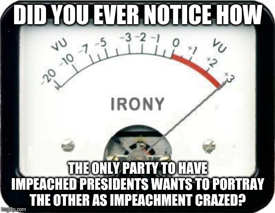 They sure didn't! | DID YOU EVER NOTICE HOW; THE ONLY PARTY TO HAVE IMPEACHED PRESIDENTS WANTS TO PORTRAY THE OTHER AS IMPEACHMENT CRAZED? | image tagged in irony meter,politics,memes | made w/ Imgflip meme maker
