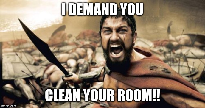 Sparta Leonidas Meme | I DEMAND YOU; CLEAN YOUR ROOM!! | image tagged in memes,sparta leonidas | made w/ Imgflip meme maker