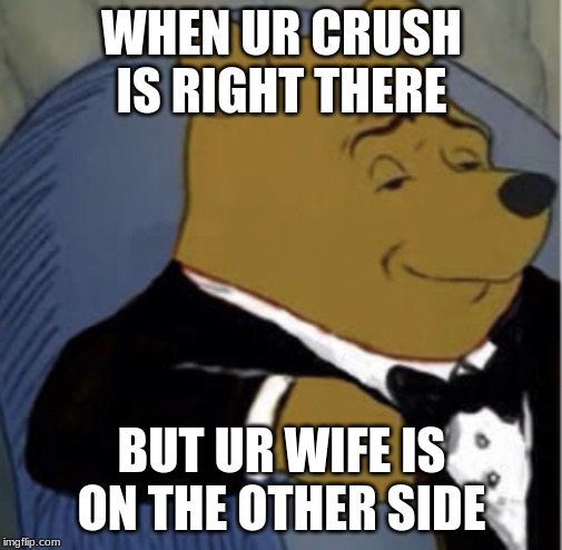 Tux Whinnie | WHEN UR CRUSH IS RIGHT THERE; BUT UR WIFE IS ON THE OTHER SIDE | image tagged in tux whinnie | made w/ Imgflip meme maker