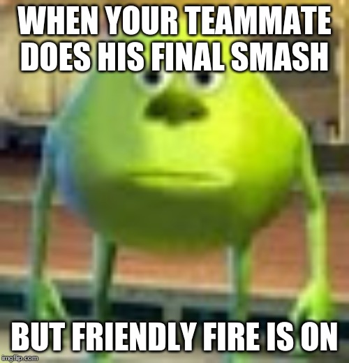 Sully Wazowski | WHEN YOUR TEAMMATE DOES HIS FINAL SMASH; BUT FRIENDLY FIRE IS ON | image tagged in sully wazowski | made w/ Imgflip meme maker