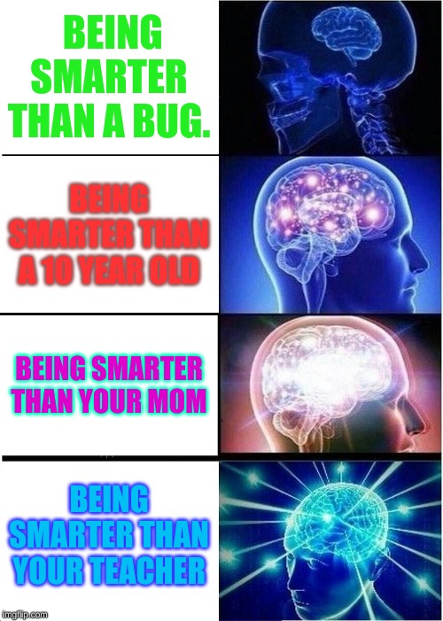 Expanding Brain | BEING SMARTER THAN A BUG. BEING SMARTER THAN A 10 YEAR OLD; BEING SMARTER THAN YOUR MOM; BEING SMARTER THAN YOUR TEACHER | image tagged in memes,expanding brain | made w/ Imgflip meme maker