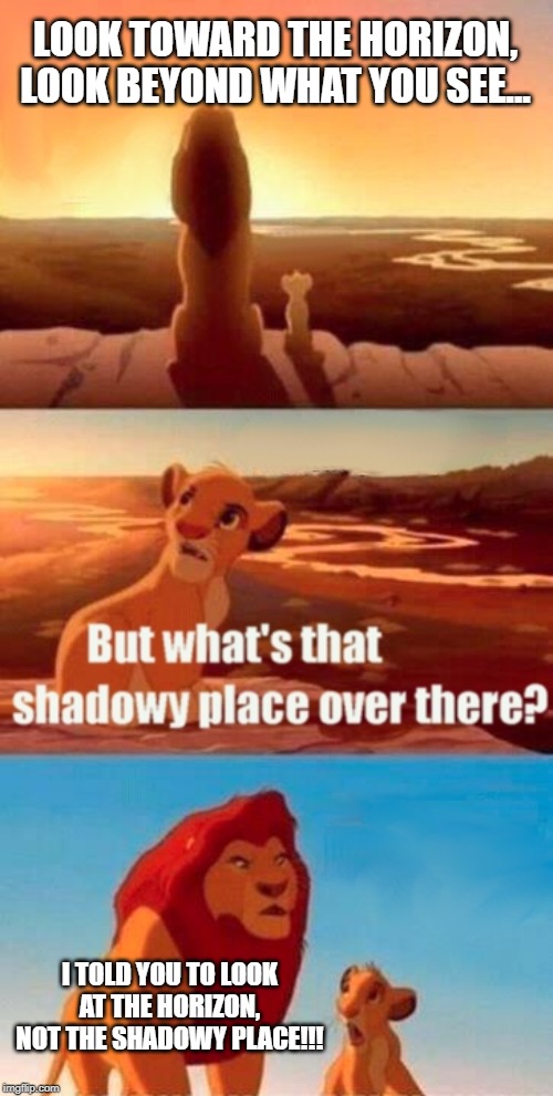 Simba Shadowy Place Meme | LOOK TOWARD THE HORIZON, LOOK BEYOND WHAT YOU SEE... I TOLD YOU TO LOOK AT THE HORIZON, NOT THE SHADOWY PLACE!!! | image tagged in memes,simba shadowy place | made w/ Imgflip meme maker