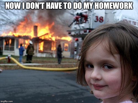 Disaster Girl Meme | NOW I DON'T HAVE TO DO MY HOMEWORK | image tagged in memes,disaster girl | made w/ Imgflip meme maker