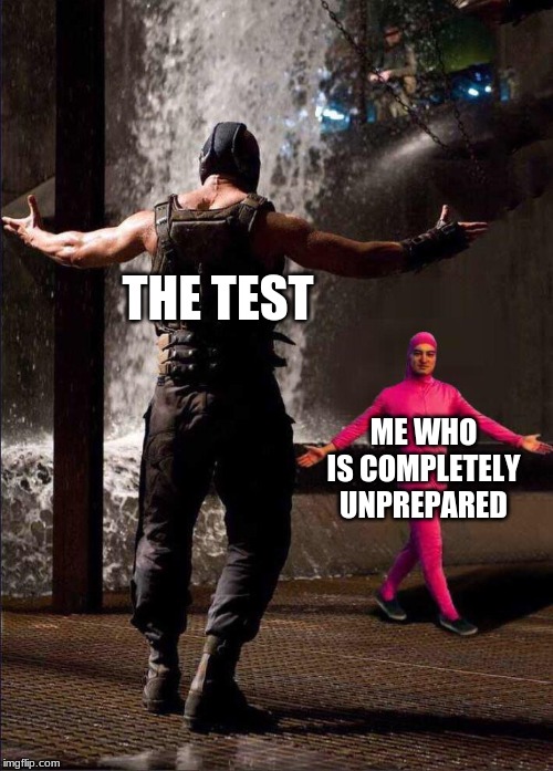 Pink Guy vs Bane | THE TEST; ME WHO IS COMPLETELY UNPREPARED | image tagged in pink guy vs bane | made w/ Imgflip meme maker