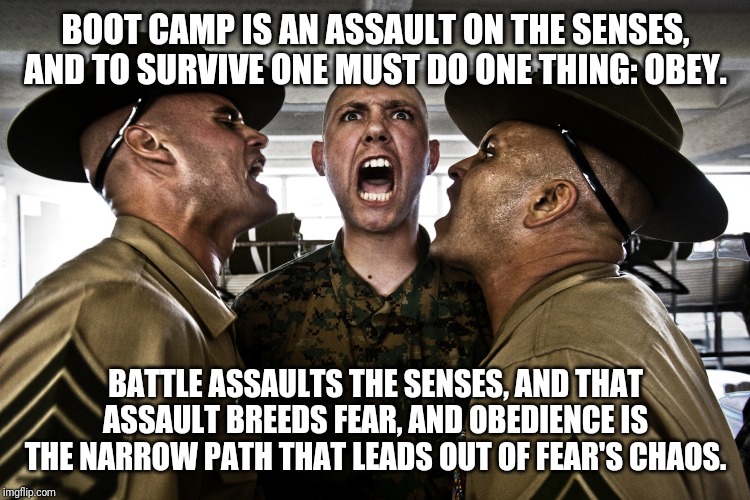 Marine Recruit Boot Camp Training | BOOT CAMP IS AN ASSAULT ON THE SENSES, AND TO SURVIVE ONE MUST DO ONE THING: OBEY. BATTLE ASSAULTS THE SENSES, AND THAT ASSAULT BREEDS FEAR, AND OBEDIENCE IS THE NARROW PATH THAT LEADS OUT OF FEAR'S CHAOS. | image tagged in marine recruit boot camp training | made w/ Imgflip meme maker