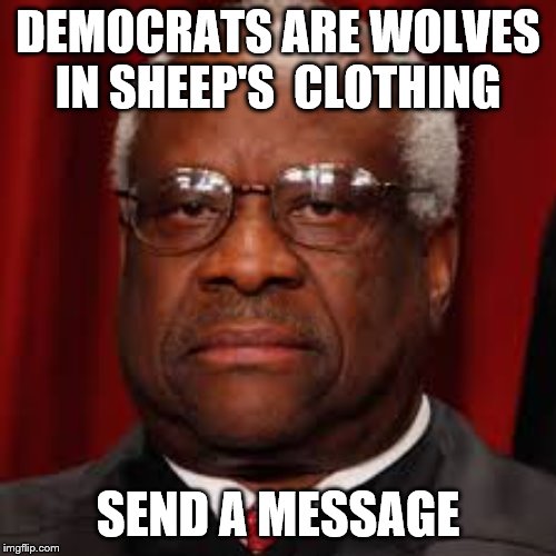 Blacks Against Democrat Oppression! | DEMOCRATS ARE WOLVES IN SHEEP'S  CLOTHING; SEND A MESSAGE | image tagged in clarence thomas unhappy | made w/ Imgflip meme maker