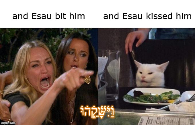 Woman Yelling At Cat Meme | and Esau bit him; and Esau kissed him; וַׄיִּׄשָּׁׄקֵ֑ׄהׄוּׄ | image tagged in memes,woman yelling at cat | made w/ Imgflip meme maker