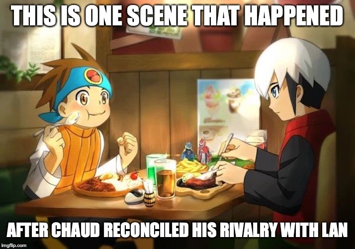 Lan and Chaud | THIS IS ONE SCENE THAT HAPPENED; AFTER CHAUD RECONCILED HIS RIVALRY WITH LAN | image tagged in lan hikari,eugene chard,megaman,memes,megaman nt warrior,megaman battle network | made w/ Imgflip meme maker