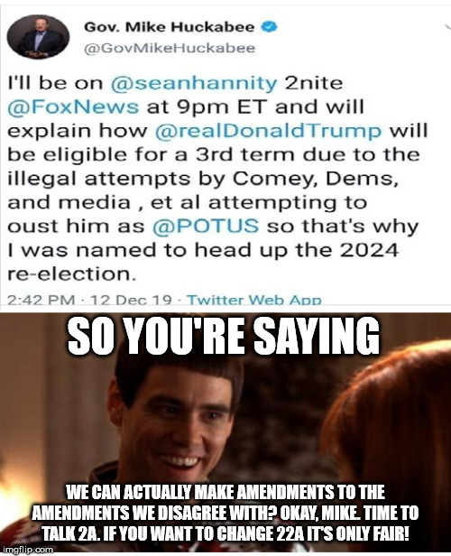 Huckabee Tweet | SO YOU'RE SAYING; WE CAN ACTUALLY MAKE AMENDMENTS TO THE AMENDMENTS WE DISAGREE WITH? OKAY, MIKE. TIME TO TALK 2A. IF YOU WANT TO CHANGE 22A IT'S ONLY FAIR! | image tagged in huckabee tweet | made w/ Imgflip meme maker