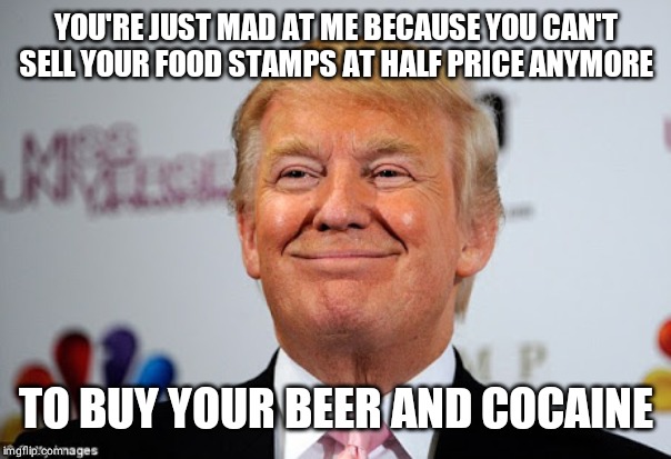 Donald trump approves | YOU'RE JUST MAD AT ME BECAUSE YOU CAN'T SELL YOUR FOOD STAMPS AT HALF PRICE ANYMORE; TO BUY YOUR BEER AND COCAINE | image tagged in donald trump approves | made w/ Imgflip meme maker