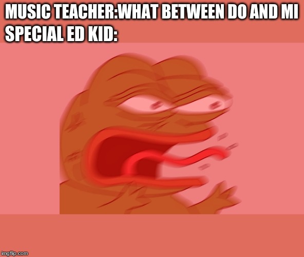 Pepe REEEEE | MUSIC TEACHER:WHAT BETWEEN DO AND MI; SPECIAL ED KID: | image tagged in pepe reeeee | made w/ Imgflip meme maker