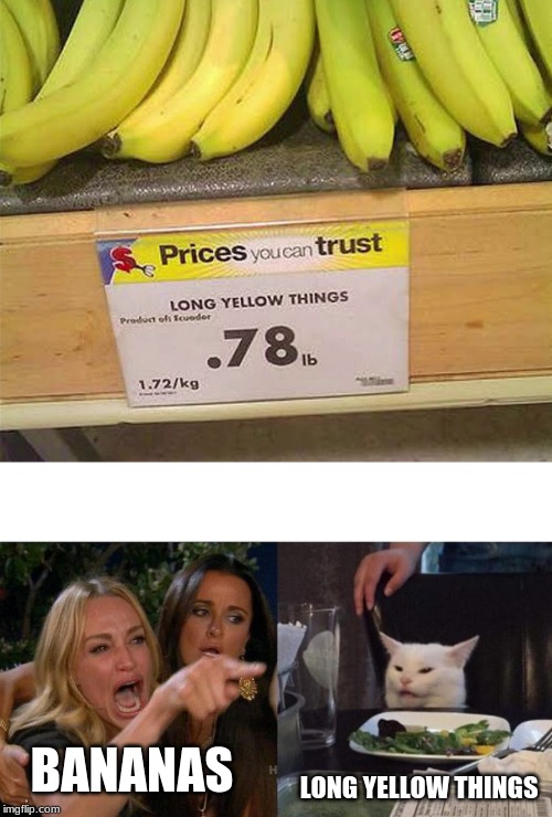 Long Yellow Things | LONG YELLOW THINGS; BANANAS | image tagged in memes,woman yelling at cat,bananas | made w/ Imgflip meme maker