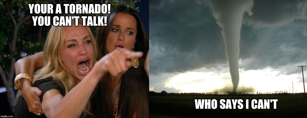 Woman yelling at tornado | YOUR A TORNADO! YOU CAN'T TALK! WHO SAYS I CAN'T | image tagged in comedy | made w/ Imgflip meme maker