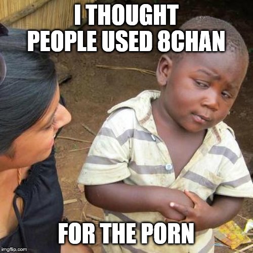 Third World Skeptical Kid Meme | I THOUGHT PEOPLE USED 8CHAN FOR THE PORN | image tagged in memes,third world skeptical kid | made w/ Imgflip meme maker