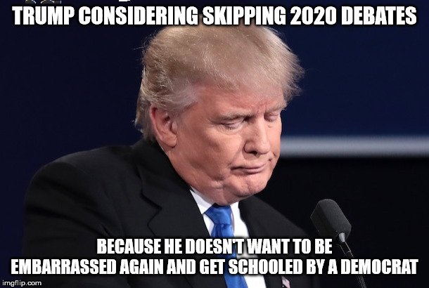 Sad Donald Trump | TRUMP CONSIDERING SKIPPING 2020 DEBATES; BECAUSE HE DOESN'T WANT TO BE EMBARRASSED AGAIN AND GET SCHOOLED BY A DEMOCRAT | image tagged in sad donald trump | made w/ Imgflip meme maker