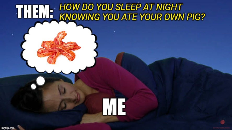 Not Vegetarian | HOW DO YOU SLEEP AT NIGHT KNOWING YOU ATE YOUR OWN PIG? THEM:; ME | image tagged in bacon,meat,no regrets,sleep,how dare you | made w/ Imgflip meme maker