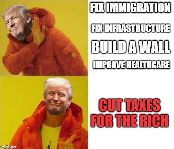 Republican “Achomlishments” while having complete control | FIX IMMIGRATION; FIX INFRASTRUCTURE; BUILD A WALL; IMPROVE HEALTHCARE; CUT TAXES FOR THE RICH | image tagged in trump drakeposting | made w/ Imgflip meme maker