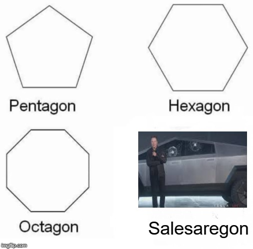 Salesaregon | Salesaregon | image tagged in memes,pentagon hexagon octagon,elon musk,cybertruck,window shatter,sales | made w/ Imgflip meme maker