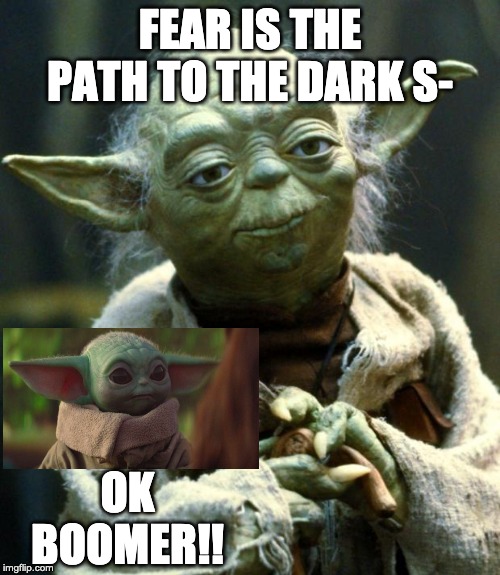 OK BOOMER | FEAR IS THE PATH TO THE DARK S-; OK BOOMER!! | image tagged in memes,star wars yoda | made w/ Imgflip meme maker