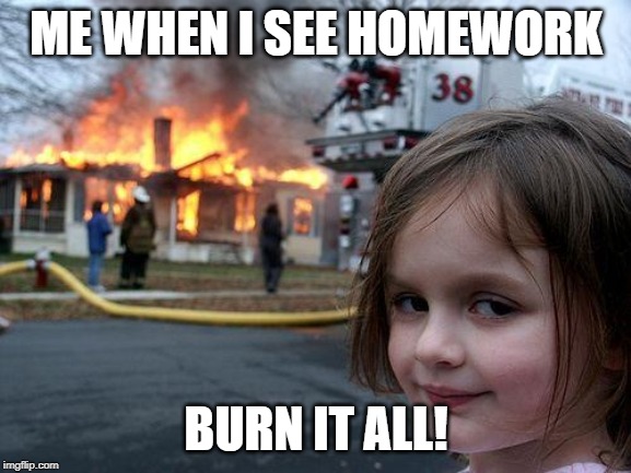 Disaster Girl Meme | ME WHEN I SEE HOMEWORK; BURN IT ALL! | image tagged in memes,disaster girl | made w/ Imgflip meme maker