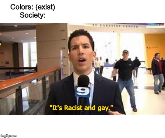 Colors: (exist)
Society:; "It's Racist and gay." | image tagged in news | made w/ Imgflip meme maker