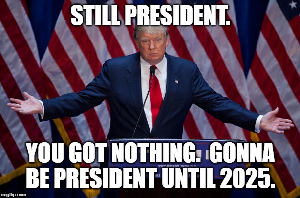 Donald Trump | STILL PRESIDENT. YOU GOT NOTHING.  GONNA BE PRESIDENT UNTIL 2025. | image tagged in donald trump | made w/ Imgflip meme maker