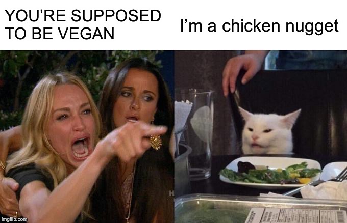 Woman Yelling At Cat Meme | YOU’RE SUPPOSED TO BE VEGAN; I’m a chicken nugget | image tagged in memes,woman yelling at cat | made w/ Imgflip meme maker