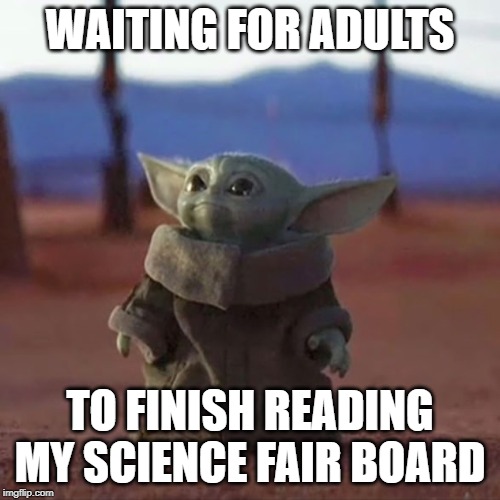 science fair be like | WAITING FOR ADULTS; TO FINISH READING MY SCIENCE FAIR BOARD | image tagged in baby yoda,yoda,mandalorian,memes,science fair,school | made w/ Imgflip meme maker