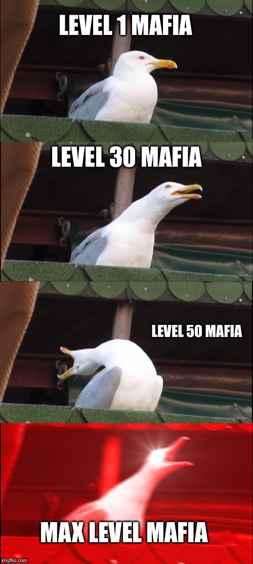 Inhaling Seagull | LEVEL 1 MAFIA; LEVEL 30 MAFIA; LEVEL 50 MAFIA; MAX LEVEL MAFIA | image tagged in memes,inhaling seagull | made w/ Imgflip meme maker