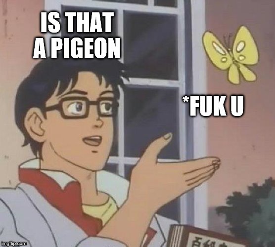 Is This A Pigeon | IS THAT A PIGEON; *FUK U | image tagged in memes,is this a pigeon | made w/ Imgflip meme maker