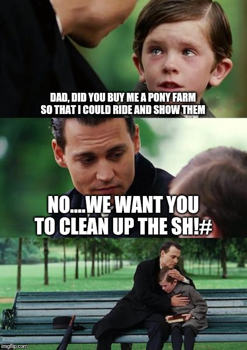 Finding Neverland Meme | DAD, DID YOU BUY ME A PONY FARM SO THAT I COULD RIDE AND SHOW THEM; NO....WE WANT YOU TO CLEAN UP THE SH!# | image tagged in memes,finding neverland | made w/ Imgflip meme maker