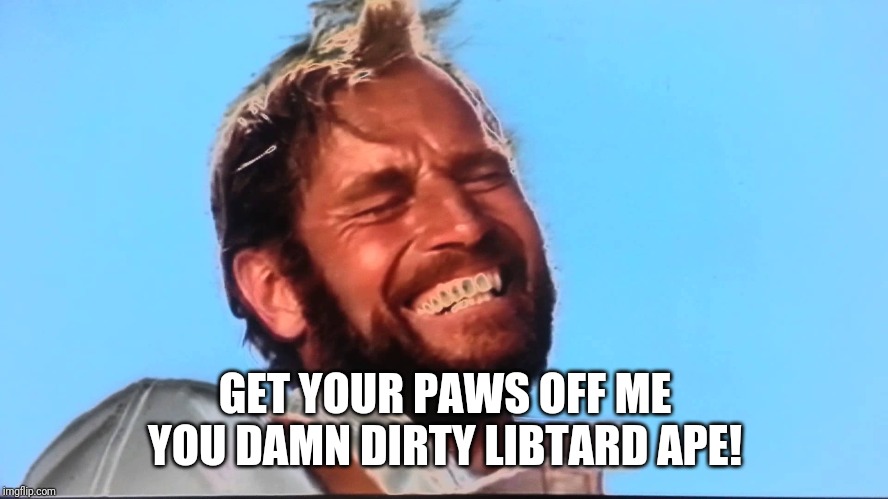 Charlton Heston Planet of the Apes Laugh | GET YOUR PAWS OFF ME YOU DAMN DIRTY LIBTARD APE! | image tagged in charlton heston planet of the apes laugh | made w/ Imgflip meme maker