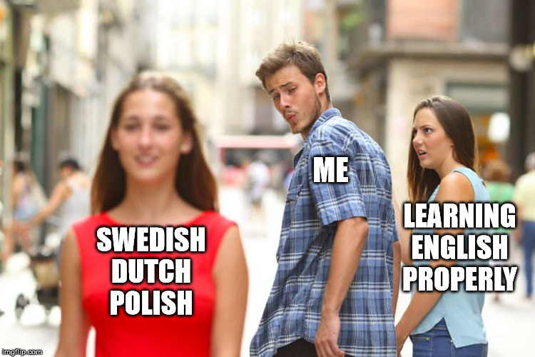 Distracted Boyfriend Meme | ME; LEARNING ENGLISH PROPERLY; SWEDISH
DUTCH
POLISH | image tagged in memes,distracted boyfriend,learning,language | made w/ Imgflip meme maker