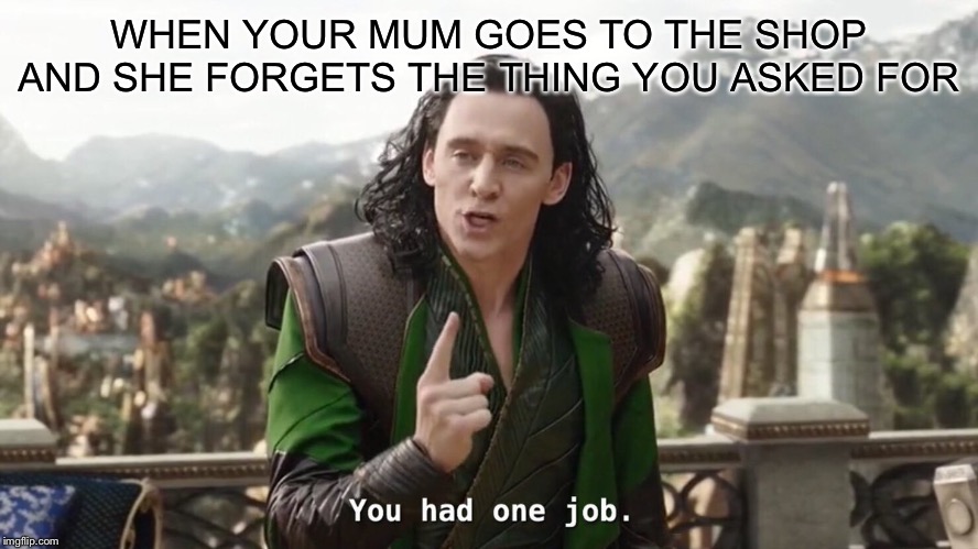 You had one job. Just the one | WHEN YOUR MUM GOES TO THE SHOP AND SHE FORGETS THE THING YOU ASKED FOR | image tagged in you had one job just the one | made w/ Imgflip meme maker