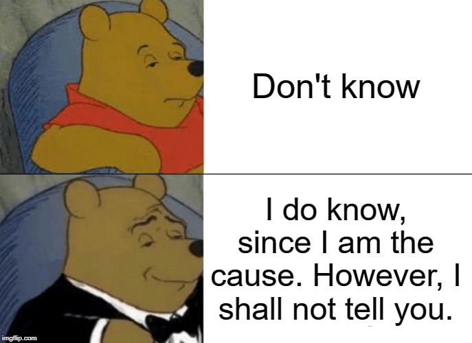 Tuxedo Winnie The Pooh Meme | Don't know I do know, since I am the cause. However, I shall not tell you. | image tagged in memes,tuxedo winnie the pooh | made w/ Imgflip meme maker