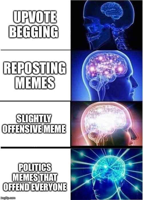 Expanding Brain Meme | UPVOTE BEGGING; REPOSTING MEMES; SLIGHTLY OFFENSIVE MEME; POLITICS MEMES THAT OFFEND EVERYONE | image tagged in memes,expanding brain | made w/ Imgflip meme maker