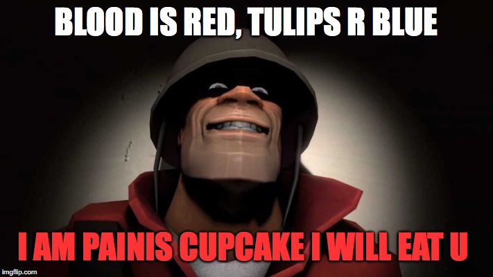 a sweet poem for ur gf | BLOOD IS RED, TULIPS R BLUE; I AM PAINIS CUPCAKE I WILL EAT U | image tagged in tf2 painis cupcake,painis,spy,snort,soldier | made w/ Imgflip meme maker