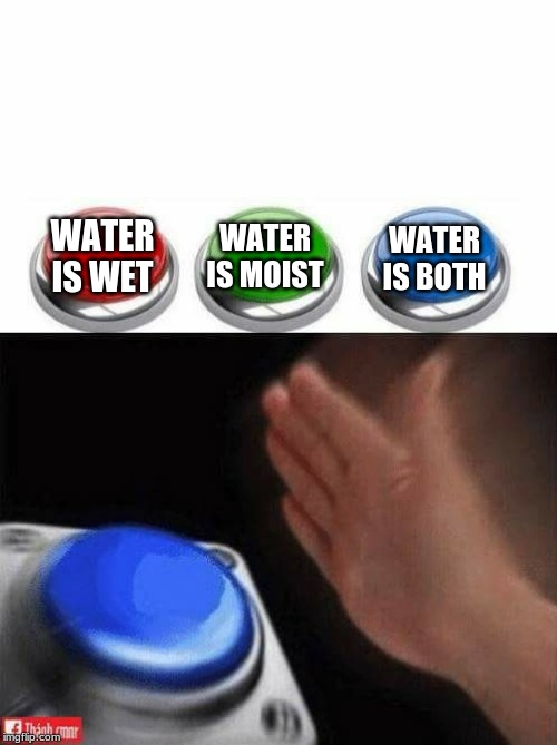 Three Buttons | WATER IS WET WATER IS MOIST WATER IS BOTH | image tagged in three buttons | made w/ Imgflip meme maker