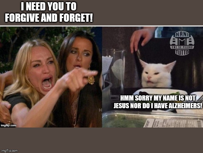 white cat table | I NEED YOU TO FORGIVE AND FORGET! HMM SORRY MY NAME IS NOT JESUS NOR DO I HAVE ALZHEIMERS! | image tagged in white cat table | made w/ Imgflip meme maker