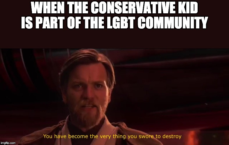 You have become the very thing you swore to destroy | WHEN THE CONSERVATIVE KID IS PART OF THE LGBT COMMUNITY | image tagged in you have become the very thing you swore to destroy | made w/ Imgflip meme maker