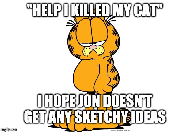 Grumpy Garfield | "HELP I KILLED MY CAT" I HOPE JON DOESN'T GET ANY SKETCHY IDEAS | image tagged in grumpy garfield | made w/ Imgflip meme maker