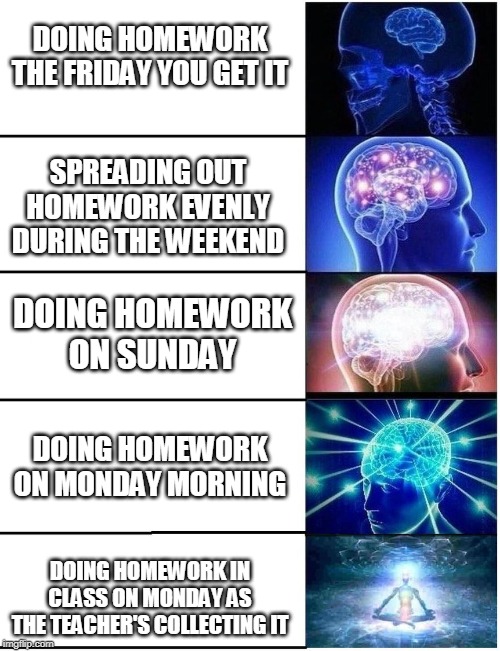 How to succeed in life | DOING HOMEWORK THE FRIDAY YOU GET IT; SPREADING OUT HOMEWORK EVENLY DURING THE WEEKEND; DOING HOMEWORK ON SUNDAY; DOING HOMEWORK ON MONDAY MORNING; DOING HOMEWORK IN CLASS ON MONDAY AS THE TEACHER'S COLLECTING IT | image tagged in expanding brain 5 panel | made w/ Imgflip meme maker