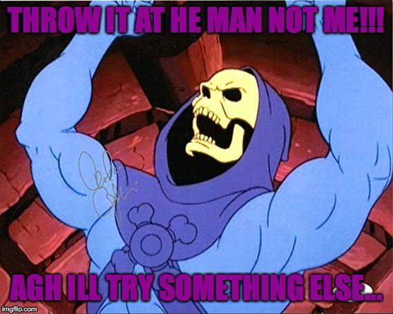 HE-MMAMAAAAAAANNNNN!!!!! | THROW IT AT HE MAN NOT ME!!! AGH ILL TRY SOMETHING ELSE... | image tagged in skeletor,heman,number one | made w/ Imgflip meme maker