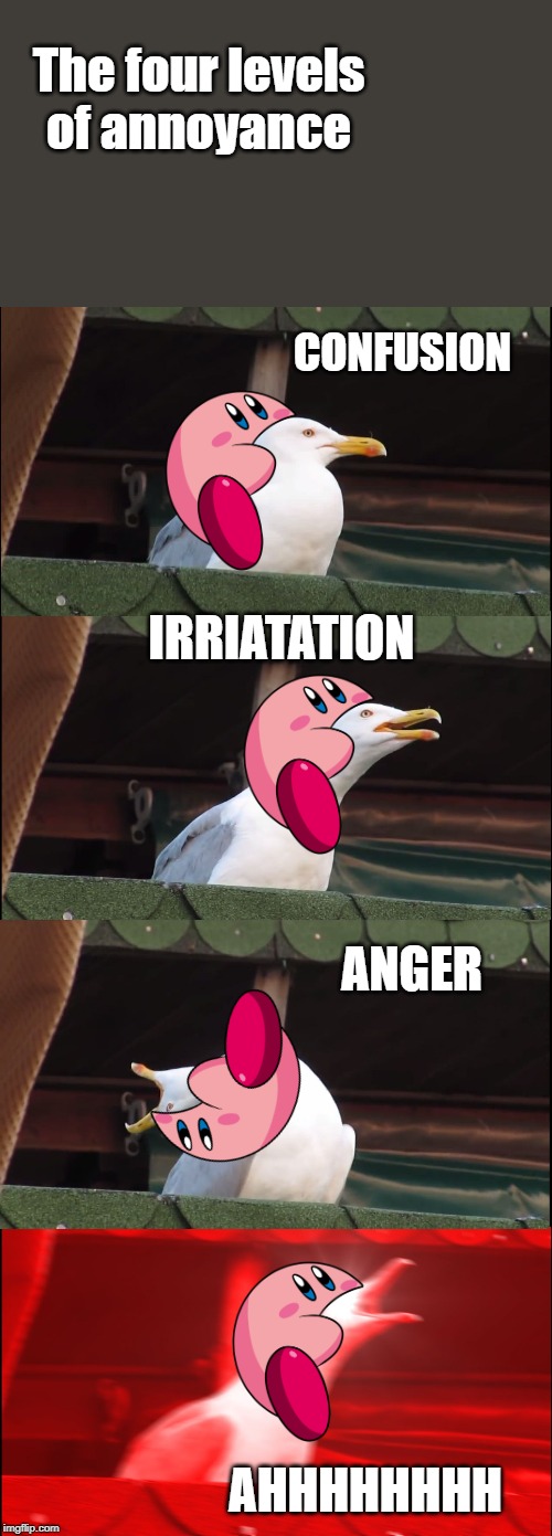 Inhaling Seagull | The four levels of annoyance; CONFUSION; IRRIATATION; ANGER; AHHHHHHHH | image tagged in memes,inhaling seagull | made w/ Imgflip meme maker