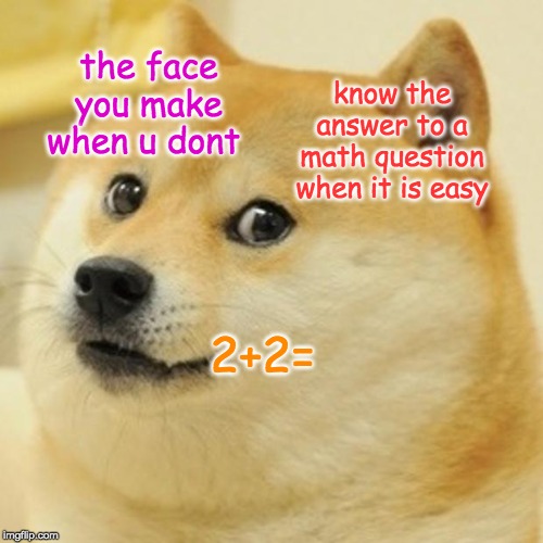 Doge Meme | the face you make when u dont; know the answer to a math question when it is easy; 2+2= | image tagged in memes,doge | made w/ Imgflip meme maker